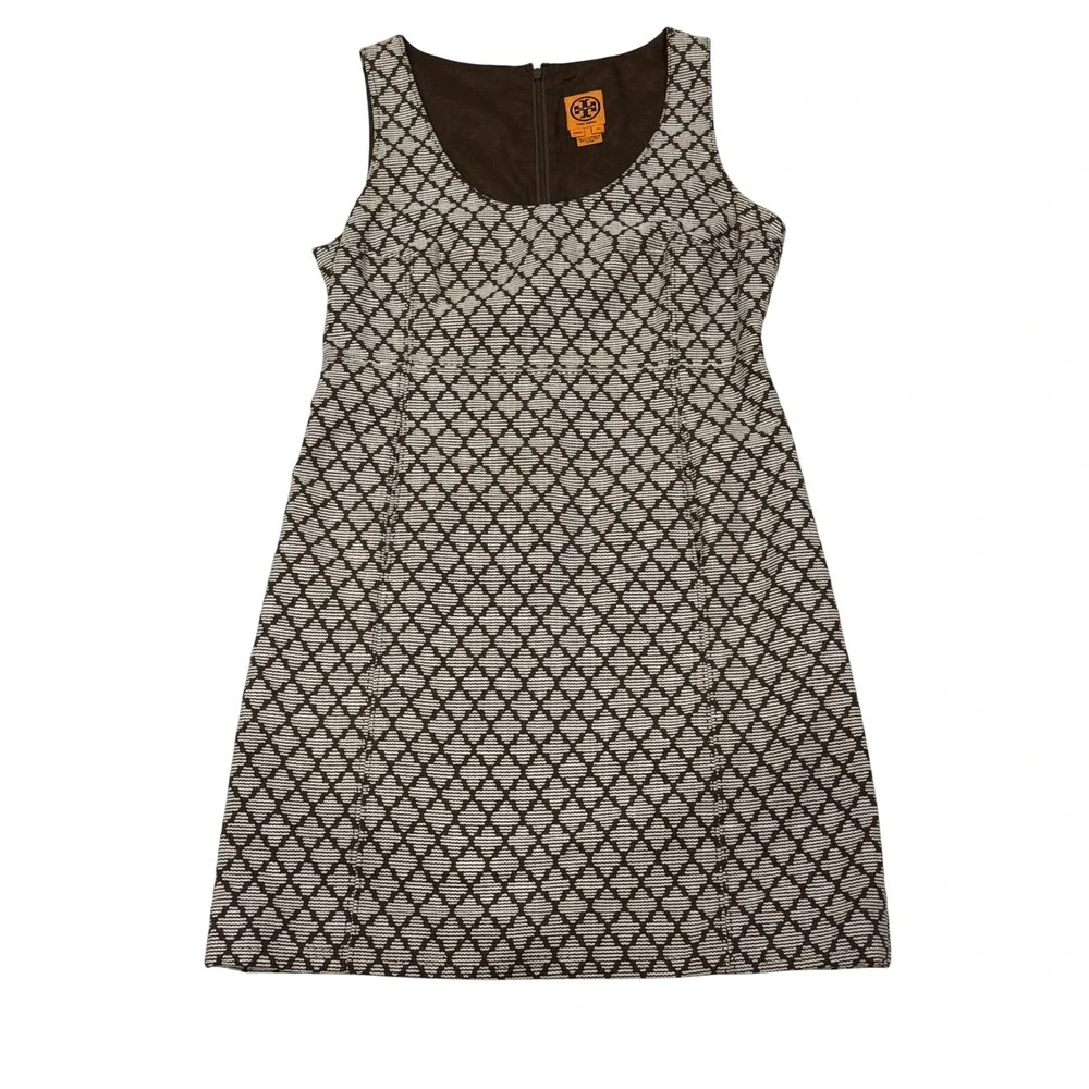 Tory Burch Shift Dress Womens 10 Brown Geometric Diamond Pockets Sleeveless Mod